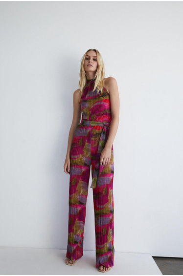 Abstract Metallic Plisse Halter Jumpsuit