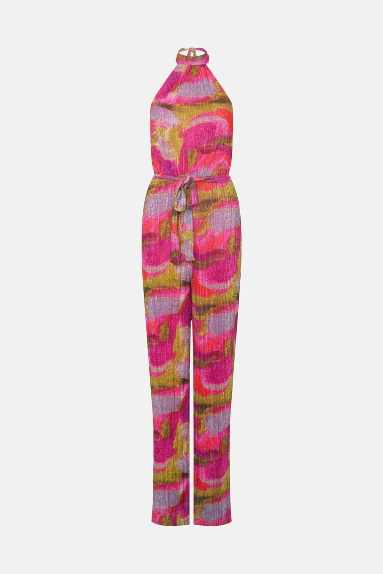 Abstract Metallic Plisse Halter Jumpsuit - 3
