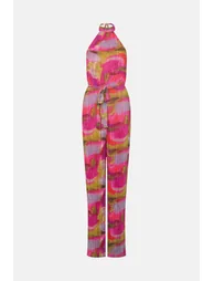 Abstract Metallic Plisse Halter Jumpsuit - 3