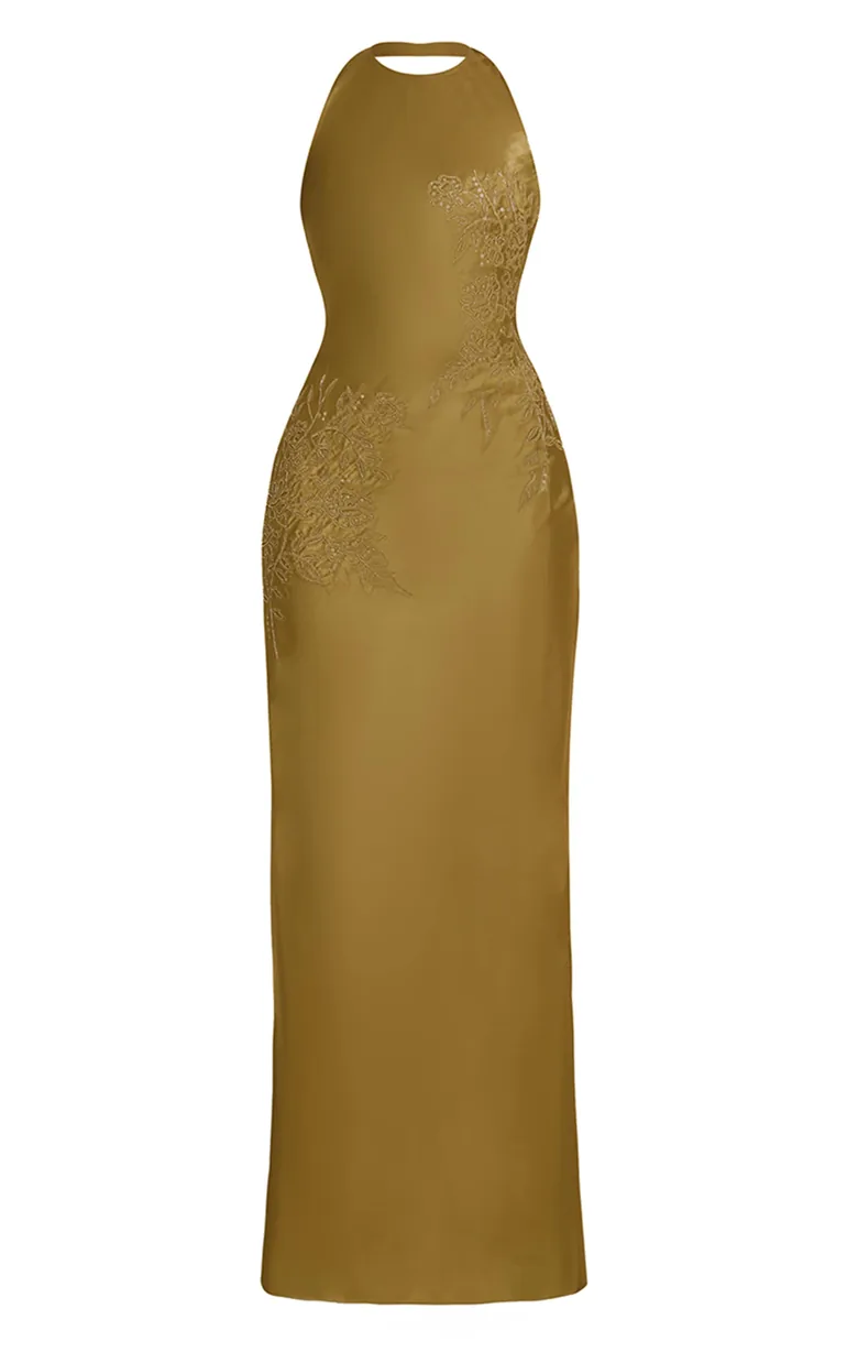 PLT Label Golden Olive Satin Embroidered Maxi Dress Prettylittlething : Premium Dresses : VogaCloset Bahrain PLT Label Golden Olive Satin Embroidered Maxi Dress Prettylittlething : Premium Dresses : VogaCloset Bahrain