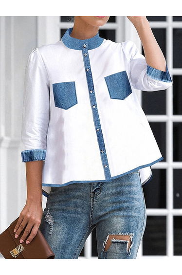 A-line High-low Buttoned Pockets Mock Neck Blouses&shirts Tops