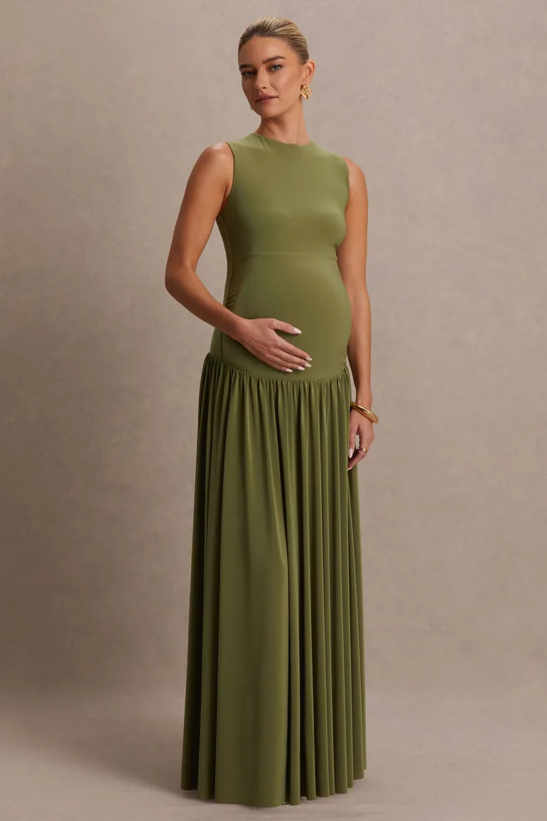 Outline | Olive High-Neck Maternity Maxi Dress With Draped Skirt