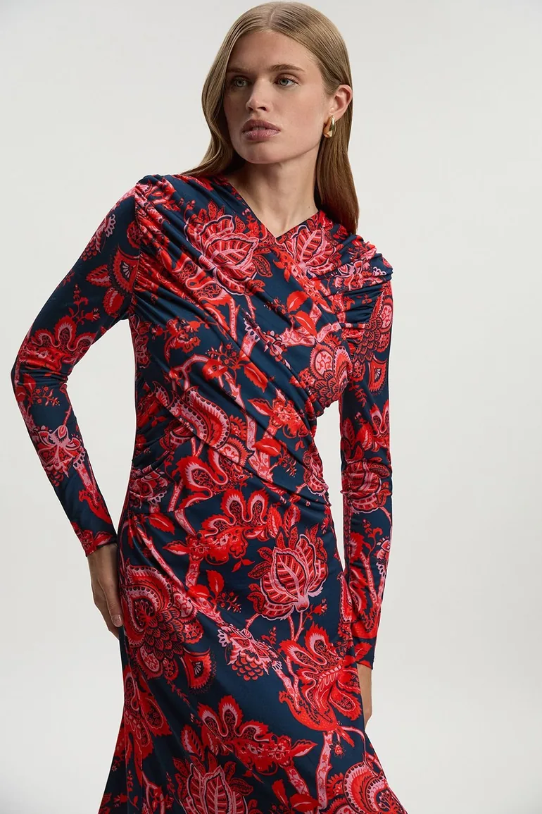 karen millen red floral dress Karen Millen Cotton Linen 3D Floral Bubble Hem Midi Dress in Red