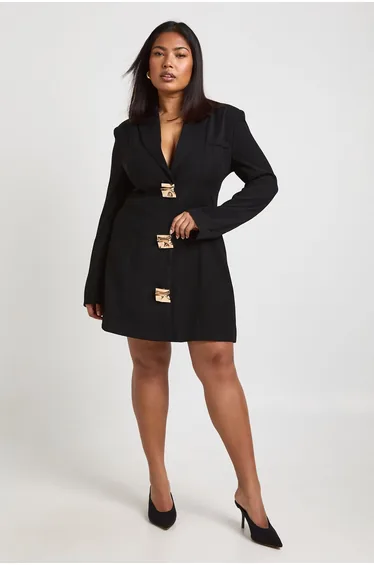 Plus Gold Trim Detail Blazer Dress - black