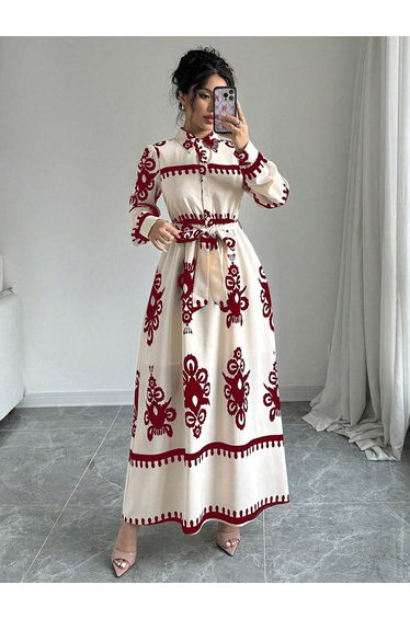 Women Graphic Belted Button Front Maxi Dress