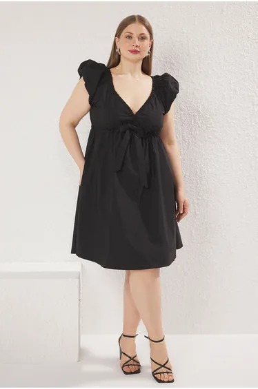Black V Neck Balloon Sleeve Bow A-Line Mini Plus Size Dress