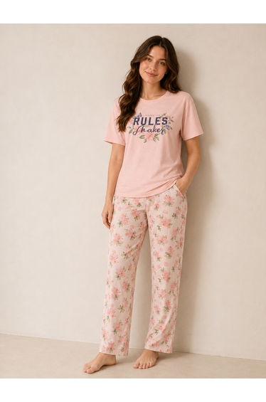 Pink Round Neck Cotton T-Shirt and Floral Pyjama Set