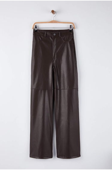 Brown Relaxed/Casual Straight/Pipe Leg Stitching Detail Knitted Leather Pants