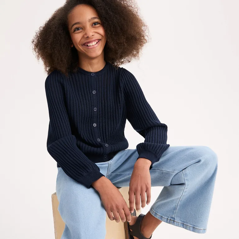 Fine Pointelle Knit Cardigan with Crew Neck