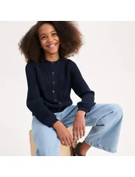 Fine Pointelle Knit Cardigan with Crew Neck