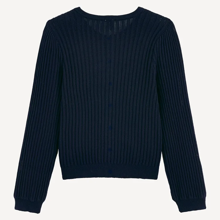 Fine Pointelle Knit Cardigan with Crew Neck - 3