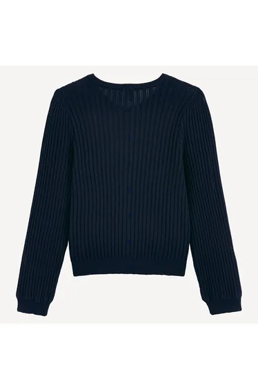 Fine Pointelle Knit Cardigan with Crew Neck