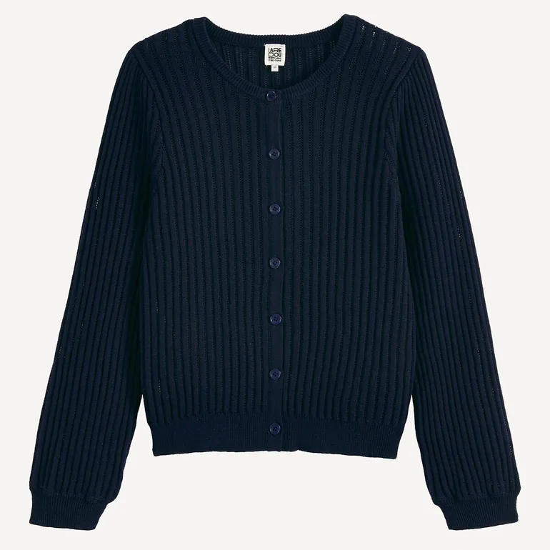 Fine Pointelle Knit Cardigan with Crew Neck - 1