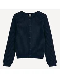 Fine Pointelle Knit Cardigan with Crew Neck - 1