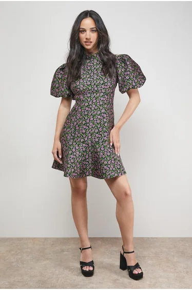 Floral Jacquard High Neck Puff Sleeve Peplum Mini Dress