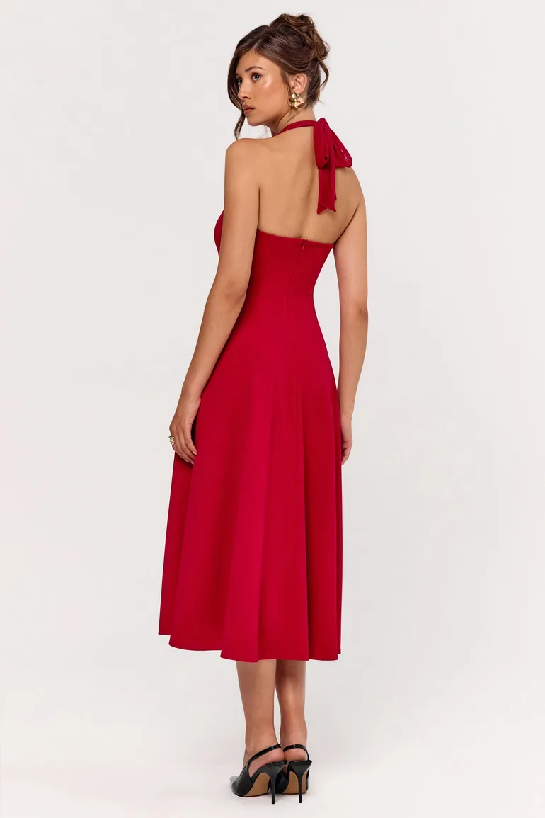 فستان ميدي بياقة هالتر لون أحمر - 1