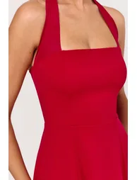 فستان ميدي بياقة هالتر لون أحمر - 5