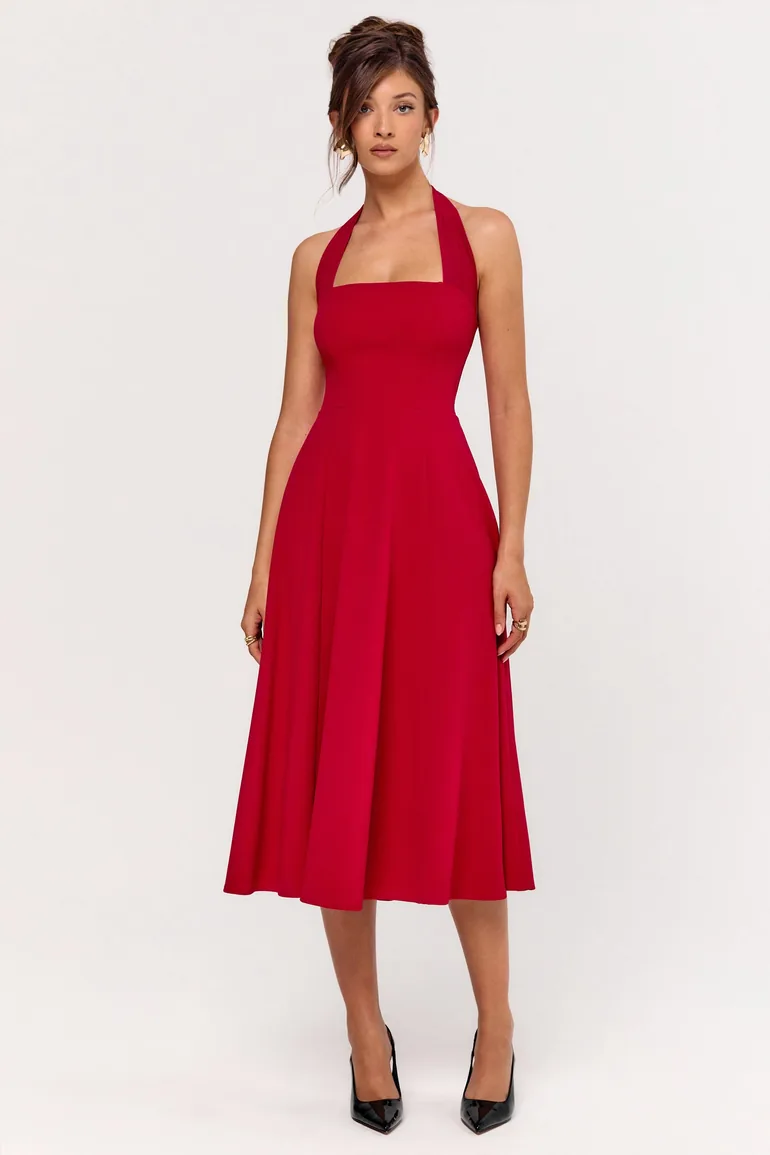 فستان ميدي بياقة هالتر لون أحمر