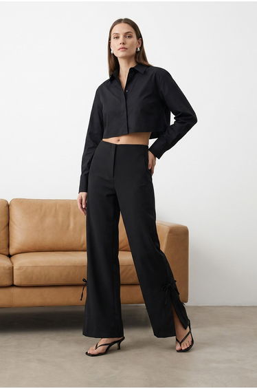 Black Wide Leg Trousers with Slit and Bow Detail