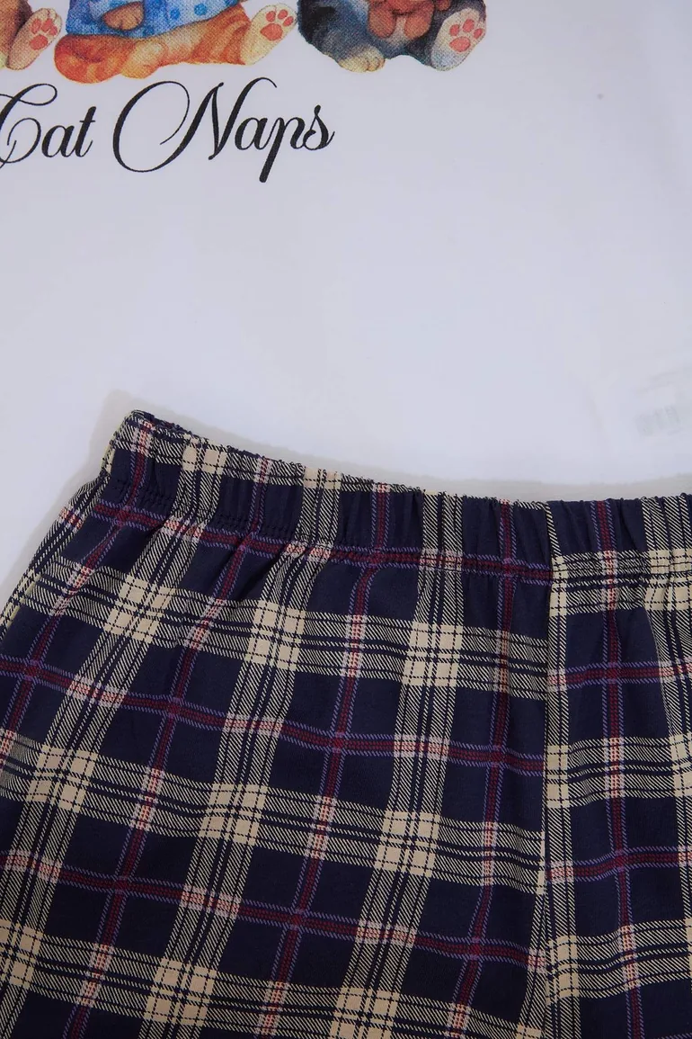 White-Multicolor 100% Cotton Cat Printed Plaid Knitted Pajamas Set - 5