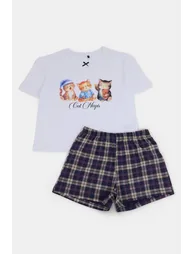 White-Multicolor 100% Cotton Cat Printed Plaid Knitted Pajamas Set - 3