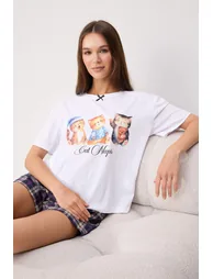 White-Multicolor 100% Cotton Cat Printed Plaid Knitted Pajamas Set - 1