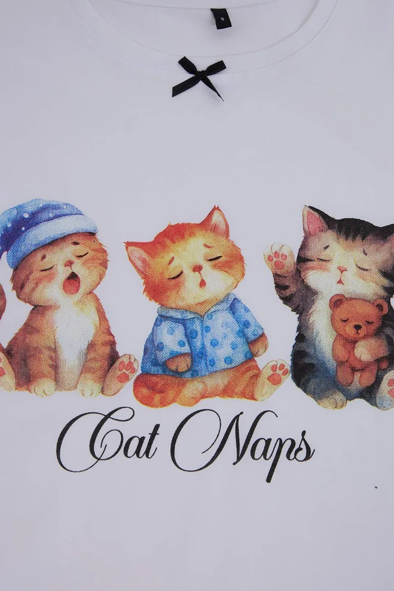 White-Multicolor 100% Cotton Cat Printed Plaid Knitted Pajamas Set - 4
