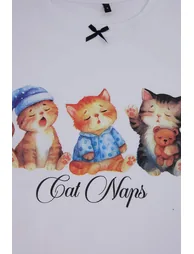 White-Multicolor 100% Cotton Cat Printed Plaid Knitted Pajamas Set - 4