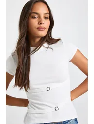 Rib Buckle Strap Detail Top - cream - 3