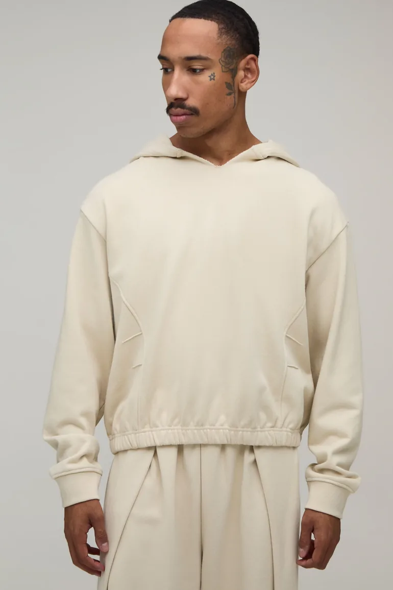 Oversized Boxy Loopback V Neck Hoodie - beige