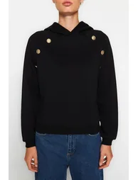 Black Hoodie with Button Detail, Regular Fit, Fleece Inside Knitted Sweatshirt - 3