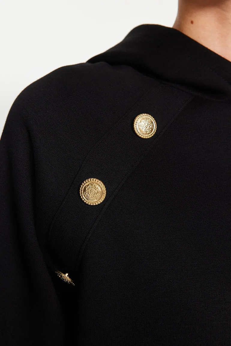 Black Hoodie with Button Detail, Regular Fit, Fleece Inside Knitted Sweatshirt - 4