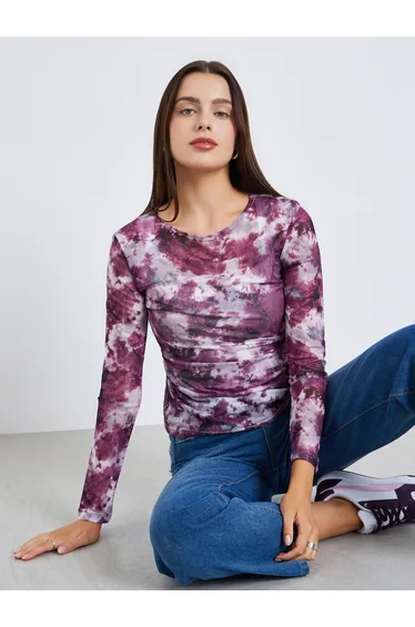 Women Purple Tie-Dye Mesh Top