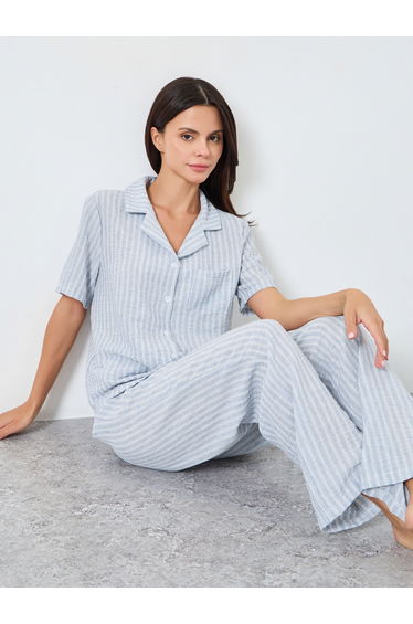 Woven Linen Look Striped Shirt and Pyjama Set
