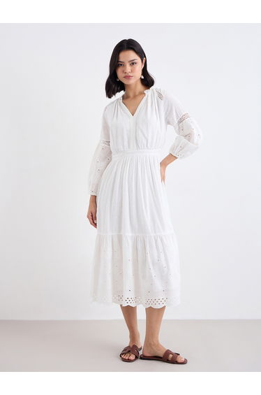 White Embroidered A-Line Midi Dress