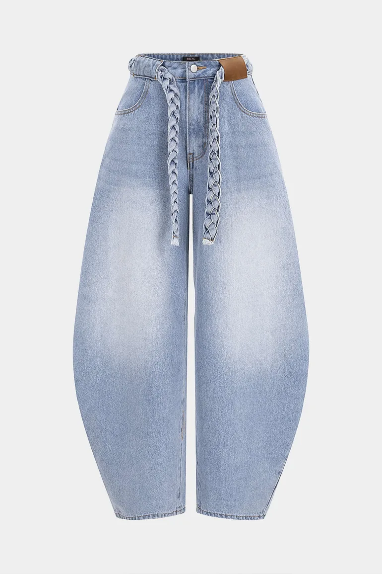 Denim Belted Pocket Wide Leg Jeans