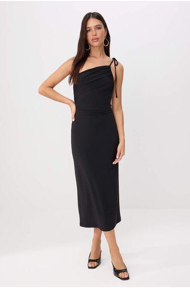 Black Floral A-Line Asymmetrical Neck Sleeveless Ruched Maxi Stretchy Lined Knitted Dress