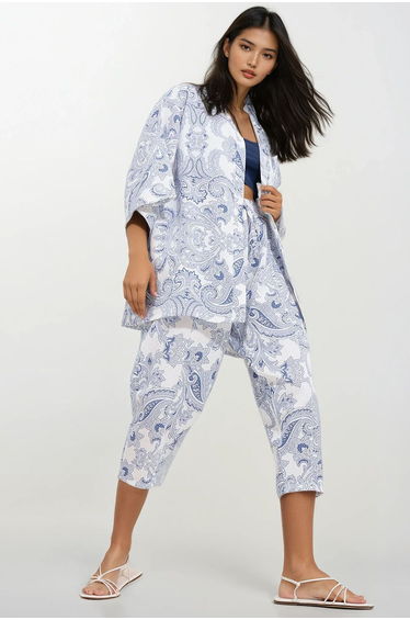 Women's Indigo Patterned Kimono With Jacket And Trousers Linen Woven Bottom Top Set