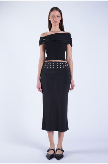 Women's Black Belted Pencil Skirt with Metal Stud Detail
