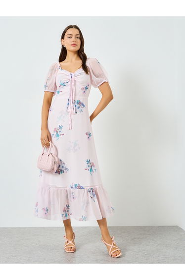 Pink Floral Print Puff Sleeve Ruffled Hem Maxi Dress