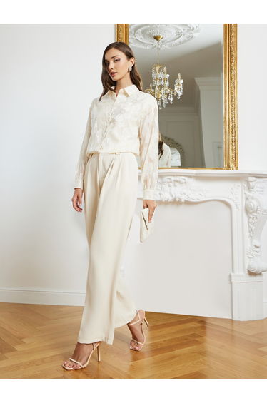 Women Off White Floral Jacquard Sheer Shirt
