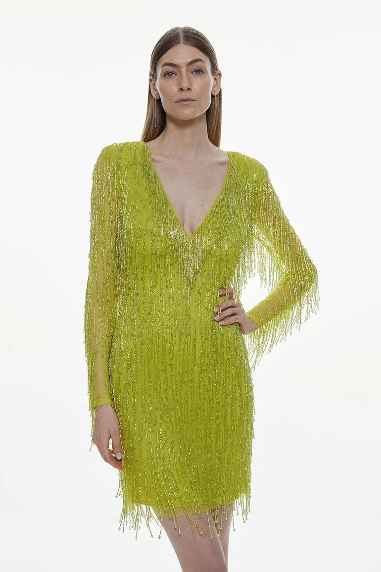 Beaded Fringed And Embellished Mini Dress