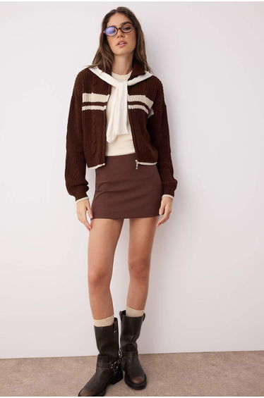 Brown Crop Color Block Stand Collar Knitwear Cardigan