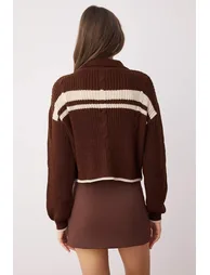 Brown Crop Color Block Stand Collar Knitwear Cardigan - 2
