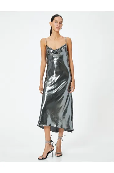 Shiny Metallic Midaxi Evening Dress with Thin Straps and Off Shoulder Neck