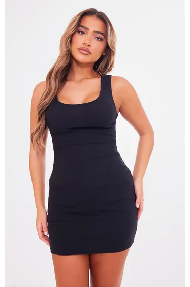 Black Rib Scoop Neck Strappy Bodycon Dress