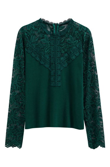 Ethereal Floral Lace Spliced Knit Top in Dark Green