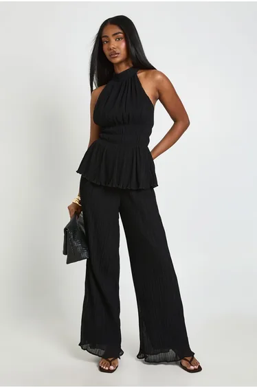 Pleated Pleated Halter Blouse - black