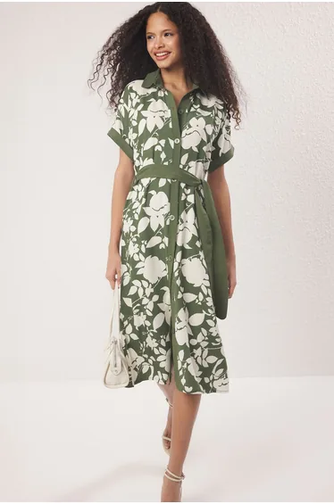 Green Floral Midi Viscose Woven Shirt Dress