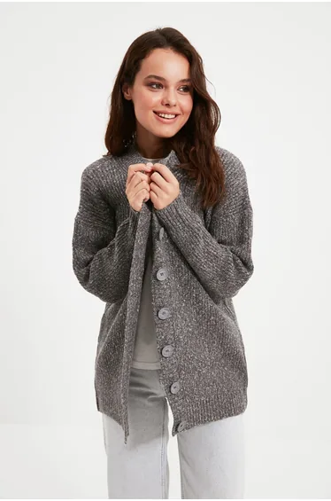 Anthracite Buttoned V Neck Soft Knitwear Cardigan